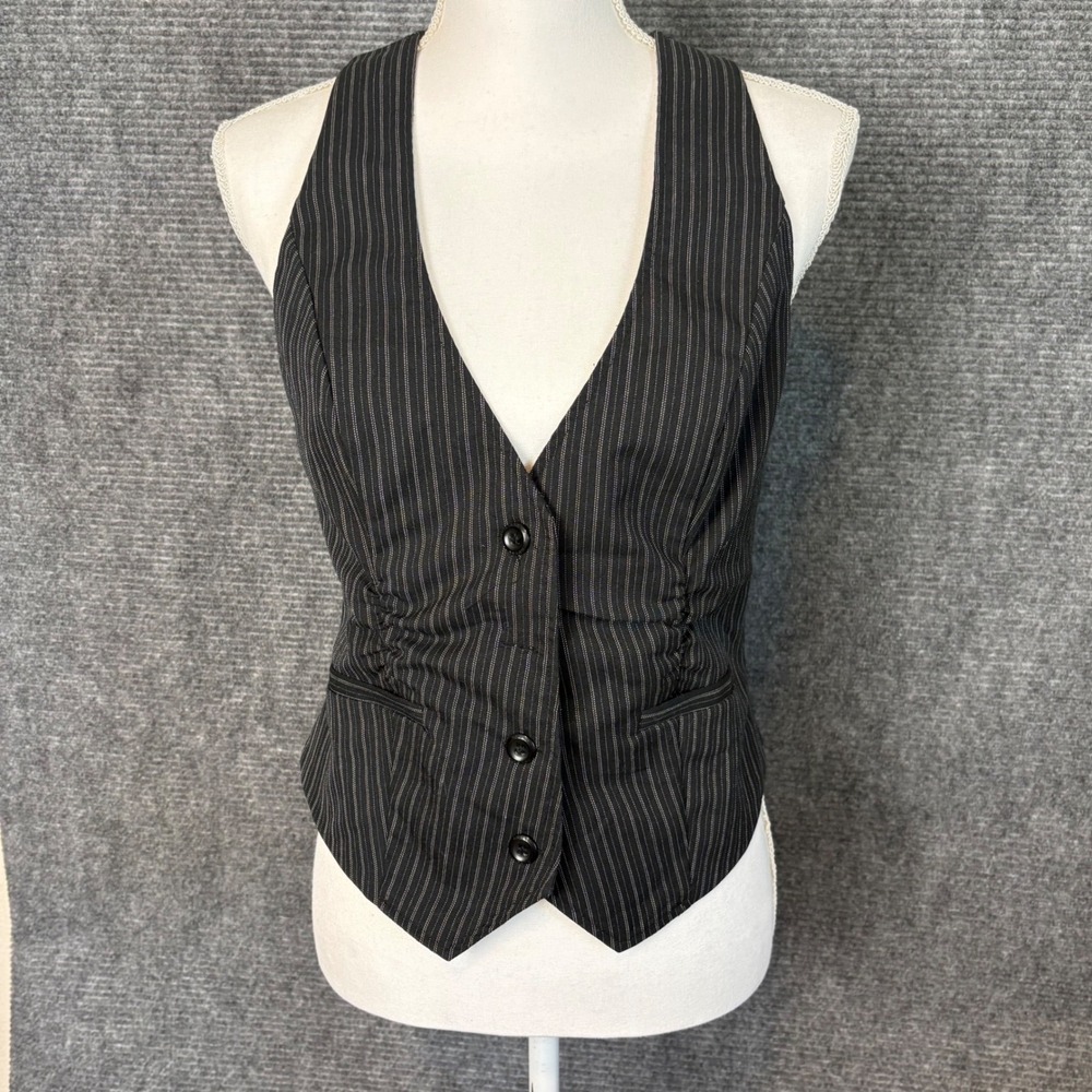 GUESS Pinstripe Vest Womens Medium Black Button Front Y2K Office Siren Goth